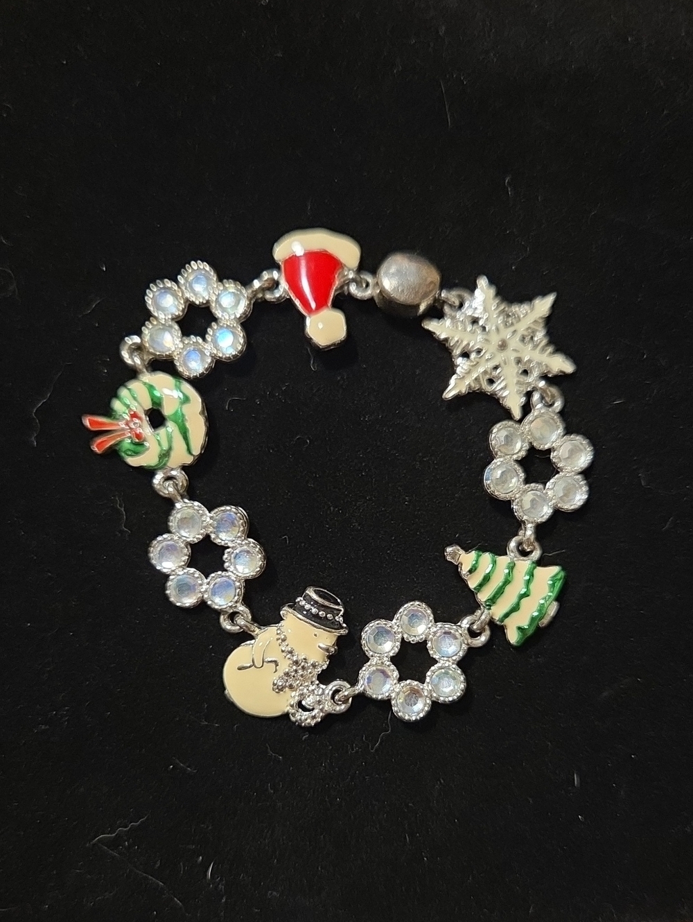 Vintage Christmas Rhinestone & Enamel Link Tennis Charm Bracelet - EUC